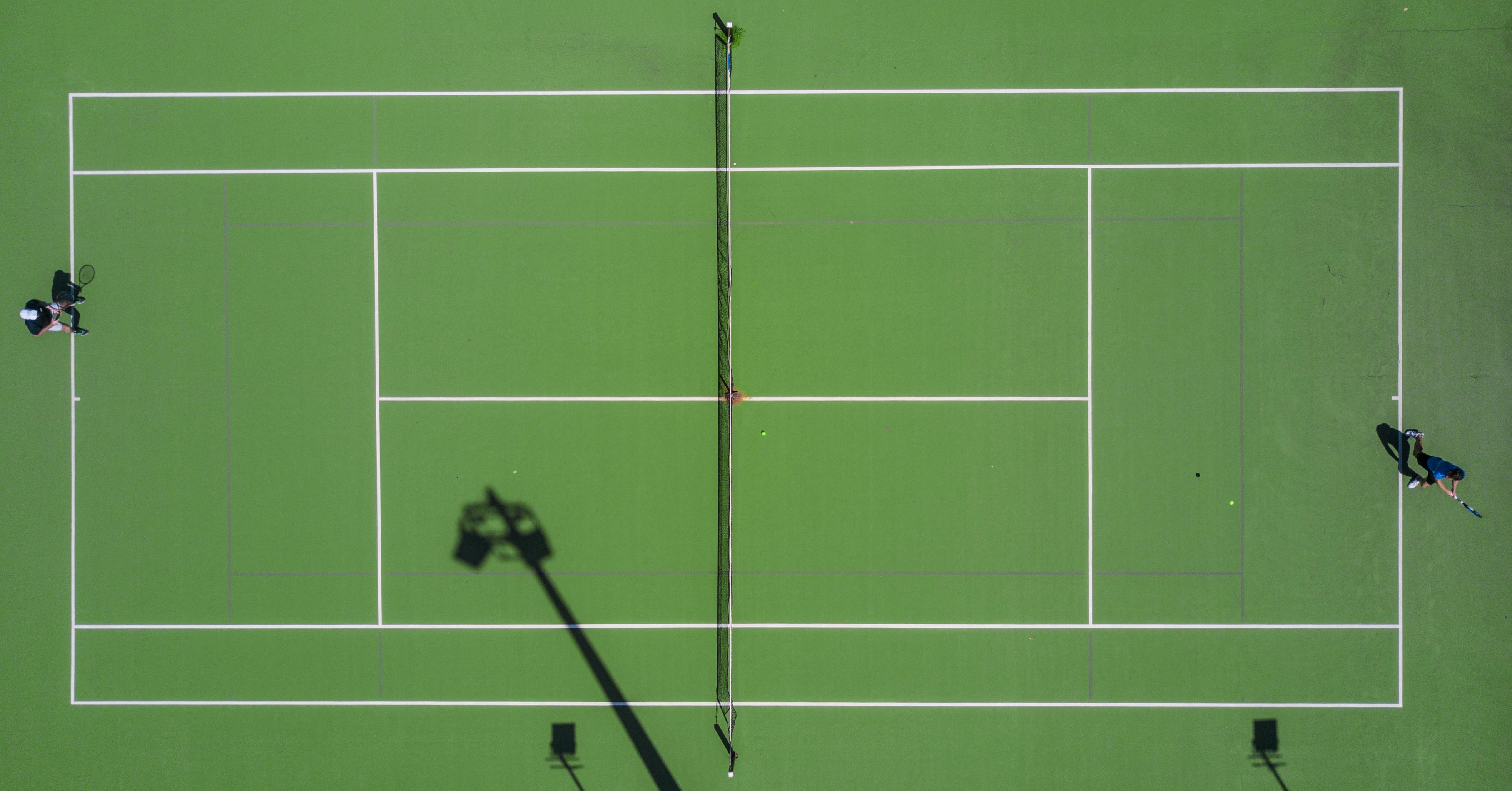A hard court tennis court from a birds eye view